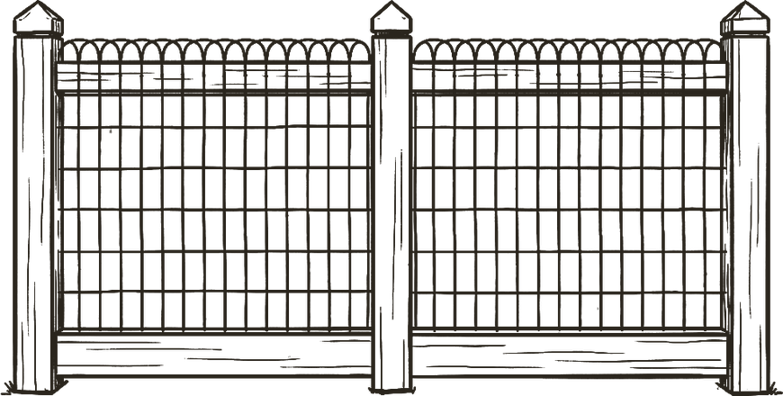 Hand drawn emu wire fence with hooped top rail between timber posts